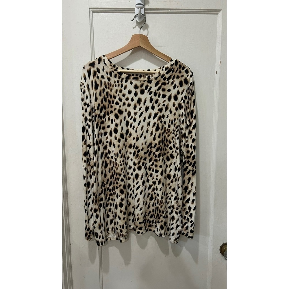 Chico's Women Size 4 XXL Leopard Print Long Sleeve Rayon Spandex Top Tan Brown